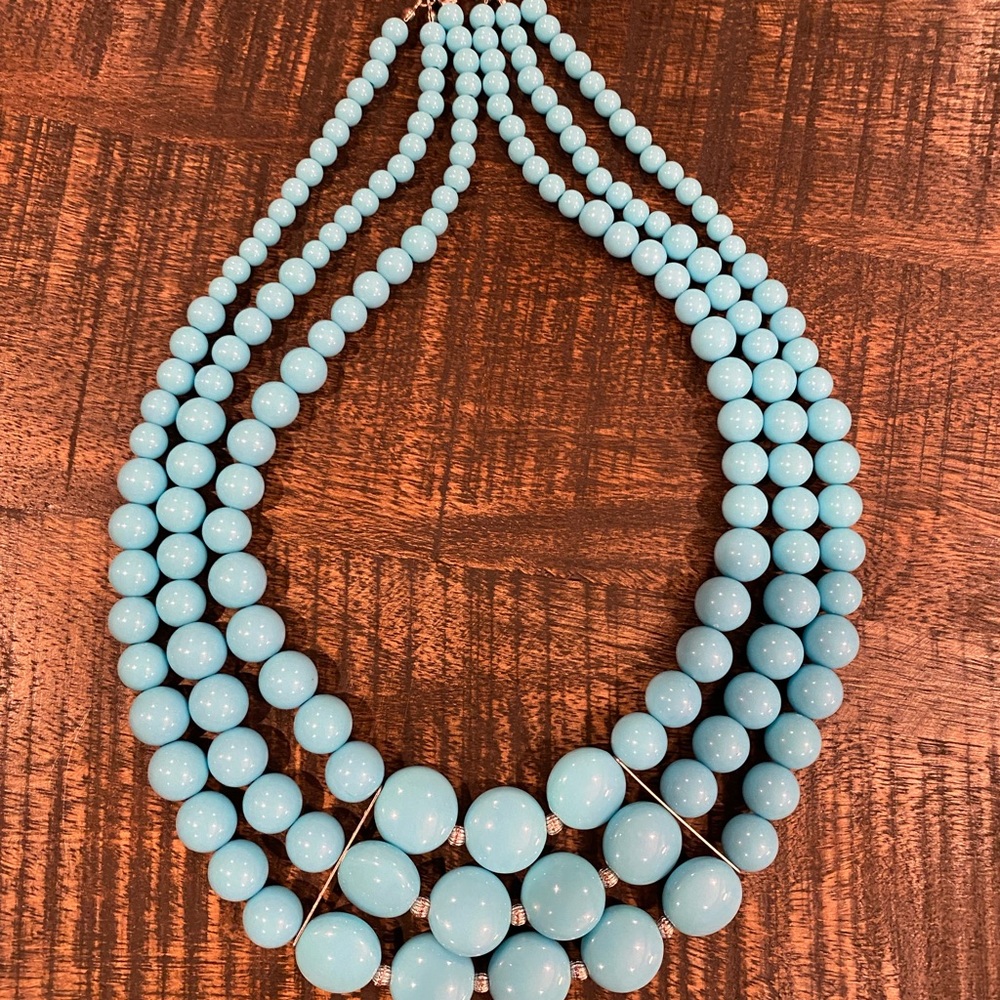 Turquoise Blue Beaded Statement Necklace Three Strand Robin’s Egg Sky Blue - Picture 2 of 3